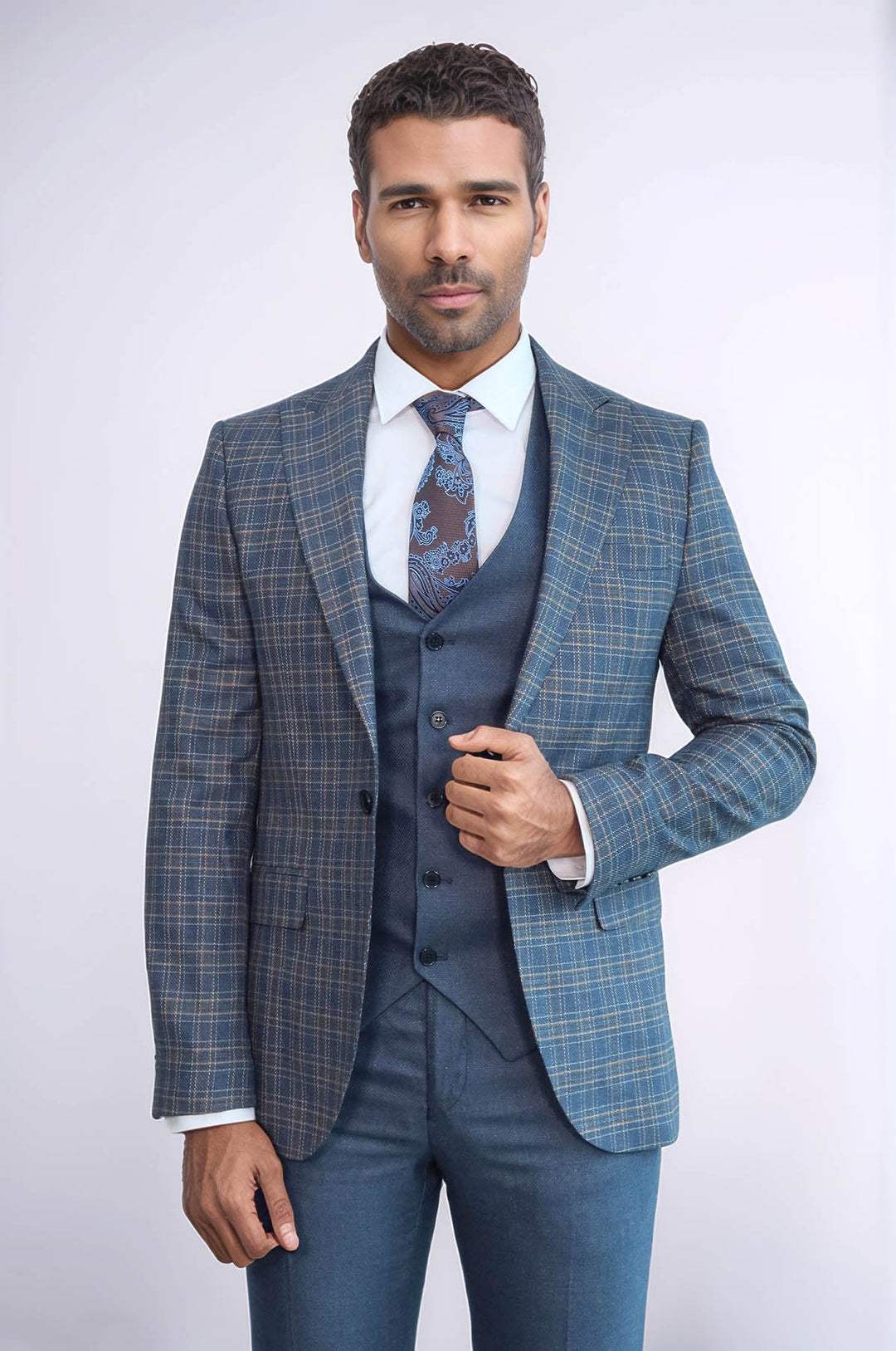WSS Checked Slim Fit Blue Men Suit  - Commack