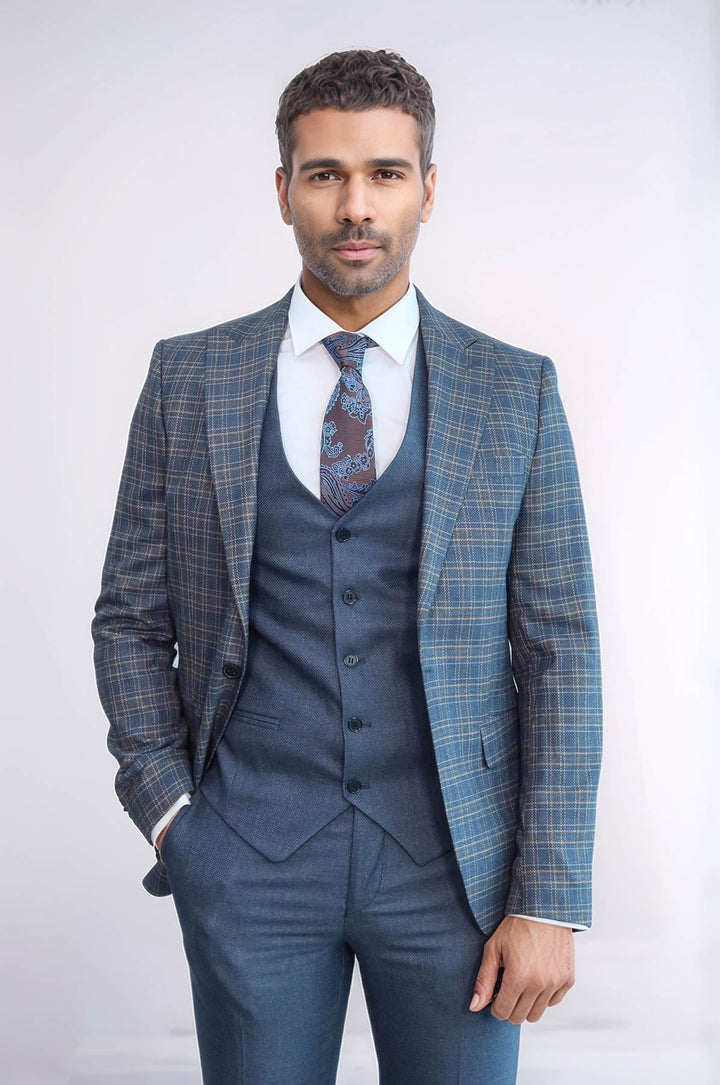 WSS Checked Slim Fit Blue Men Suit  - Commack