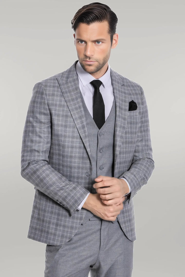WSS Checked Slim Fit Light Grey Men Suit  - Singen