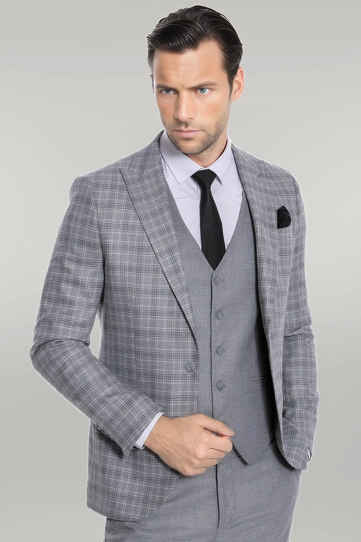 WSS Checked Slim Fit Light Grey Men Suit  - Singen