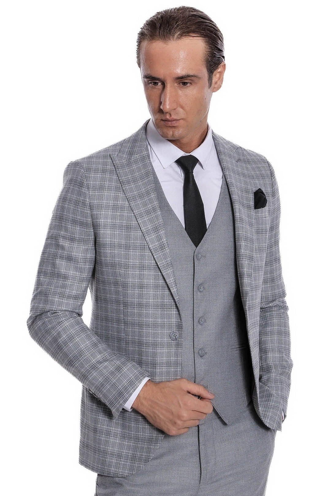 WSS Checked Slim Fit Light Grey Men Suit  - Lippstadt
