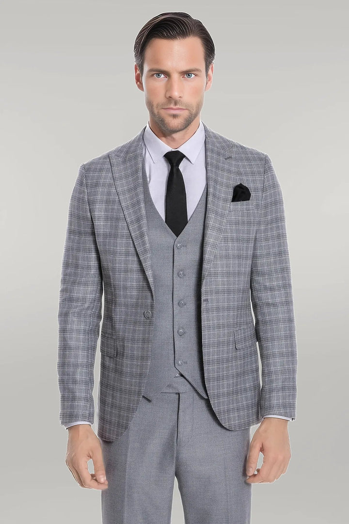 WSS Checked Slim Fit Light Grey Men Suit  - Singen