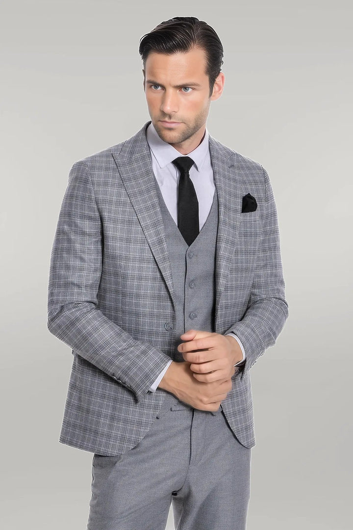 WSS Checked Slim Fit Light Grey Men Suit  - Singen