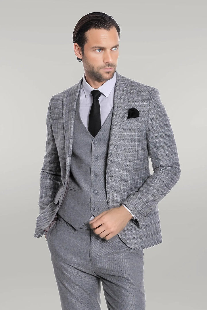 WSS Checked Slim Fit Light Grey Men Suit  - Singen