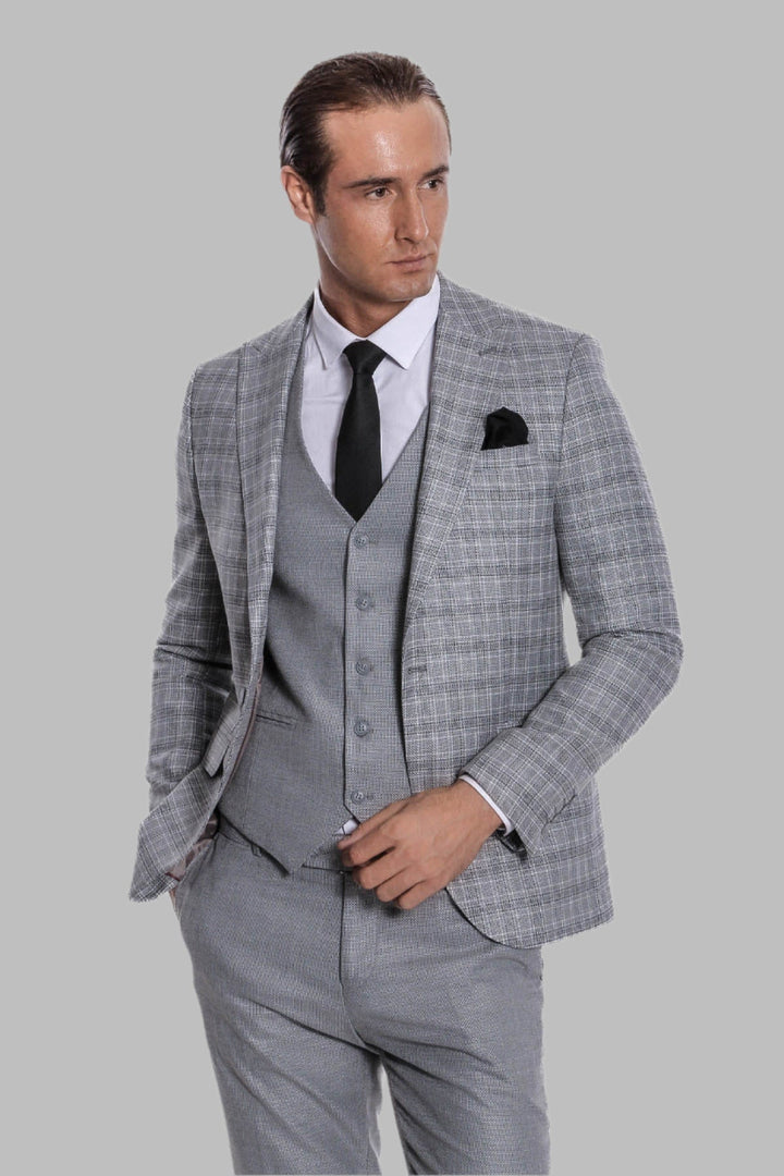 WSS Checked Slim Fit Light Grey Men Suit  - Lippstadt