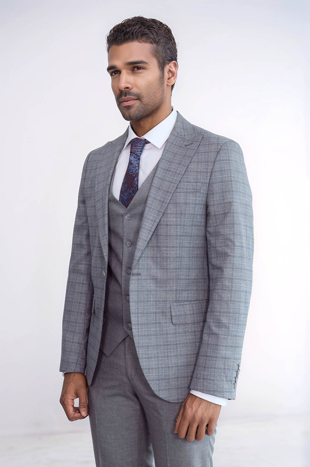 WSS Checked Slim Fit Grey Men Suit  - Linton Hall