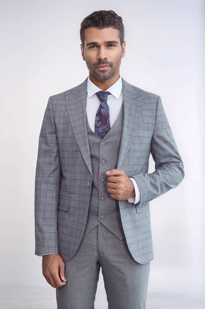 WSS Checked Slim Fit Grey Men Suit  - Linton Hall