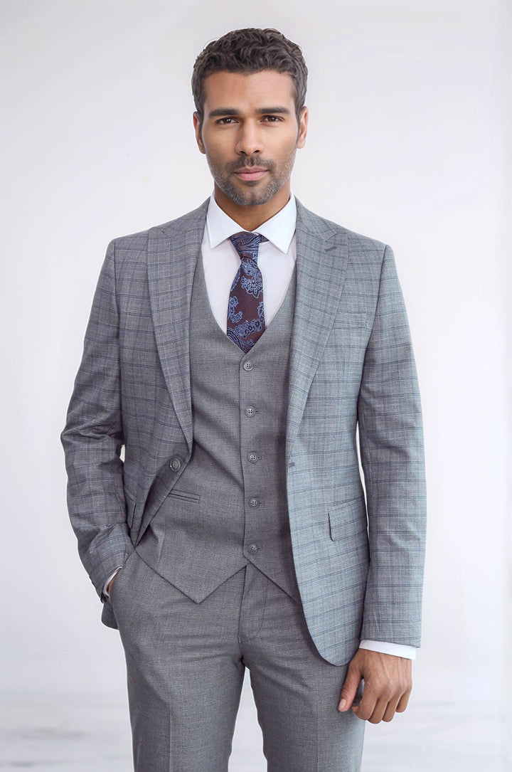 WSS Checked Slim Fit Grey Men Suit  - Linton Hall
