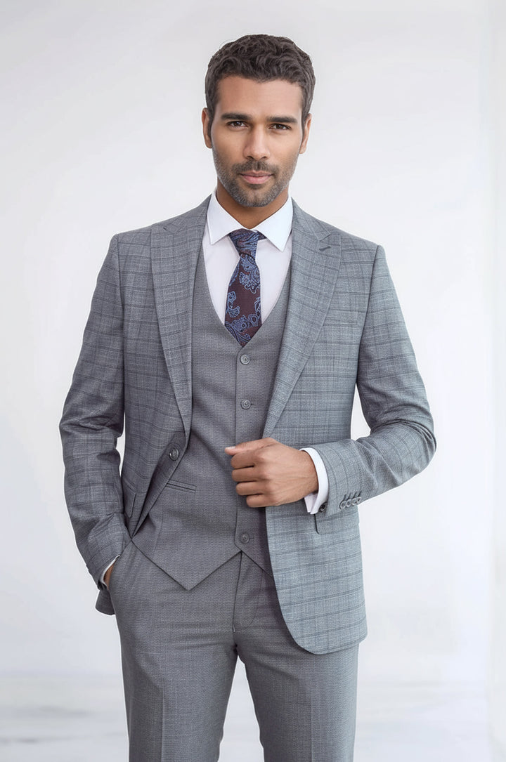 WSS Checked Slim Fit Grey Men Suit  - Cieza
