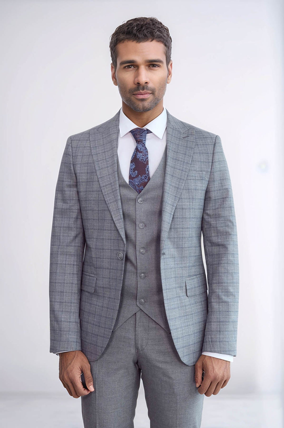 WSS Checked Slim Fit Grey Men Suit  - Linton Hall