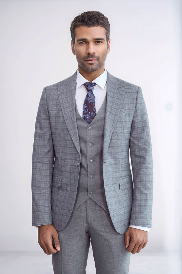 WSS Checked Slim Fit Grey Men Suit  - Linton Hall