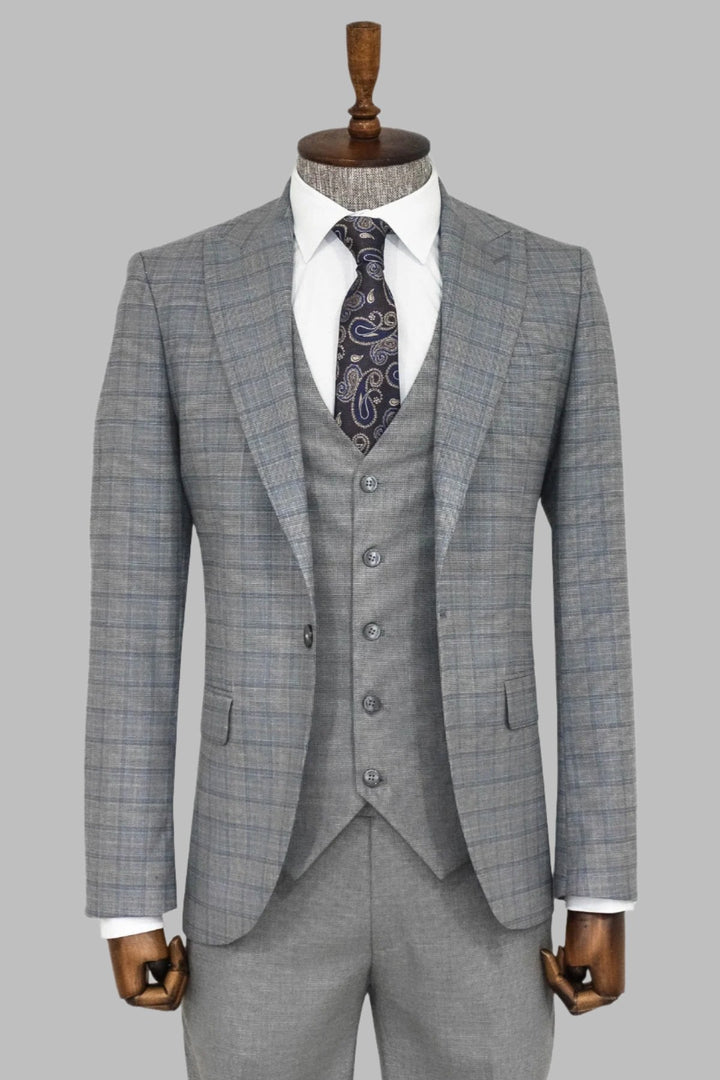 WSS Checked Slim Fit Grey Men Suit  - Singen