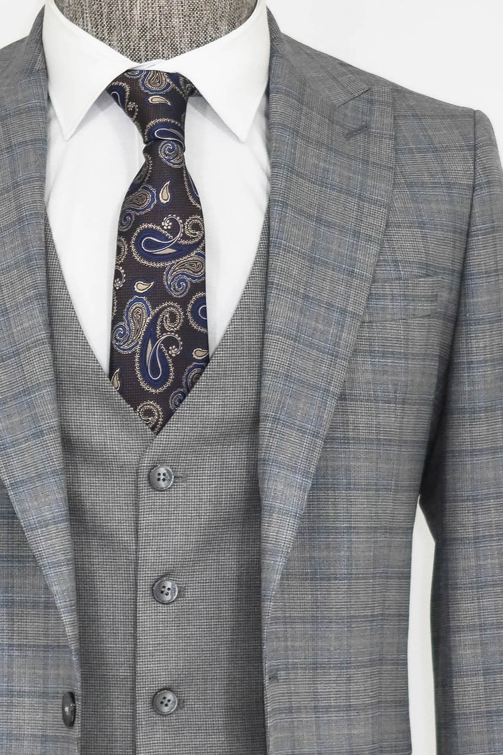 WSS Checked Slim Fit Grey Men Suit  - Singen