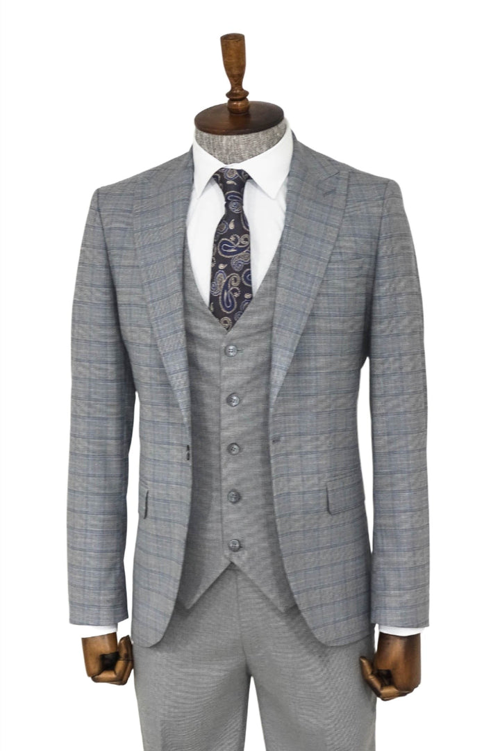 WSS Checked Slim Fit Grey Men Suit  - Singen