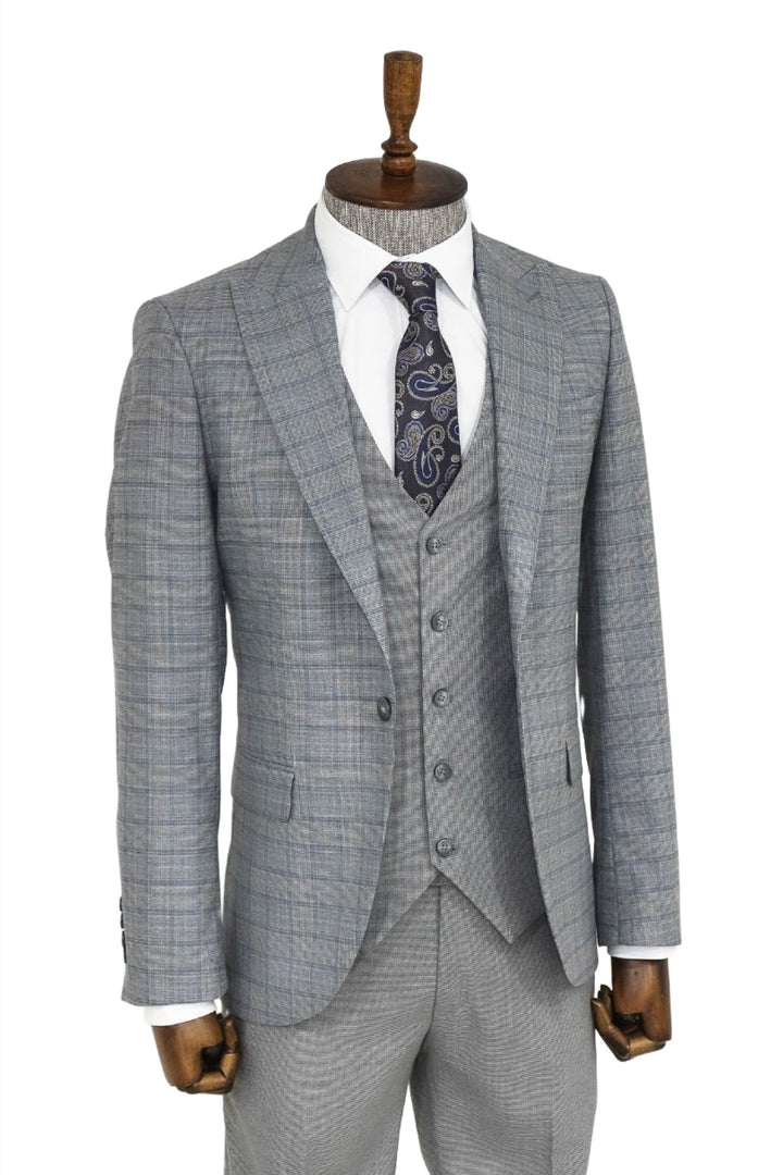 WSS Checked Slim Fit Grey Men Suit  - Singen