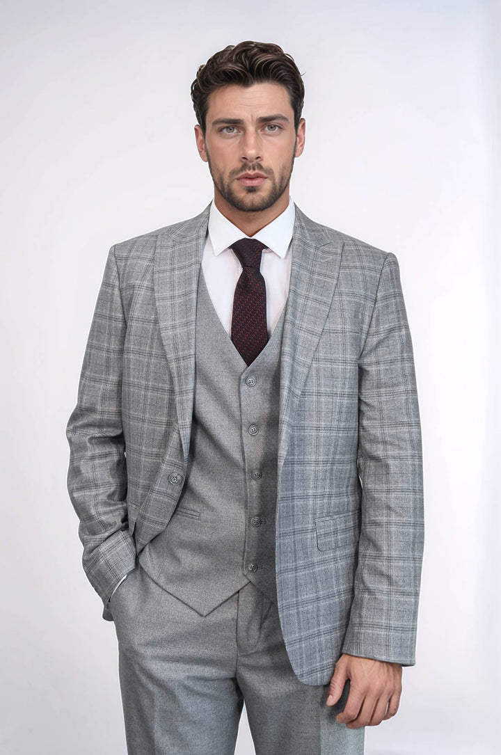 WSS Checked Slim Fit Light Grey Men Suit  - Imola