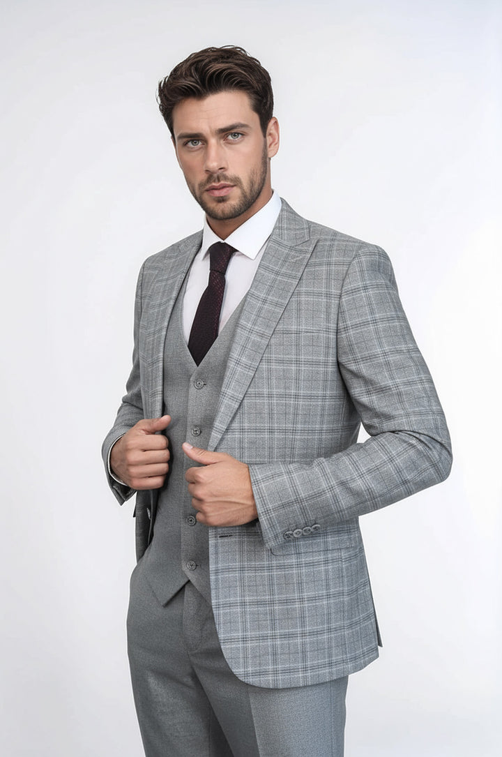 WSS Checked Slim Fit Light Grey Men Suit  - Bolzano