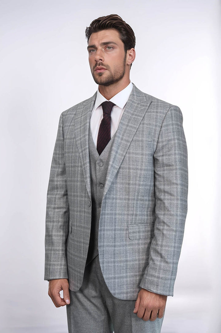 WSS Checked Slim Fit Light Grey Men Suit  - Imola