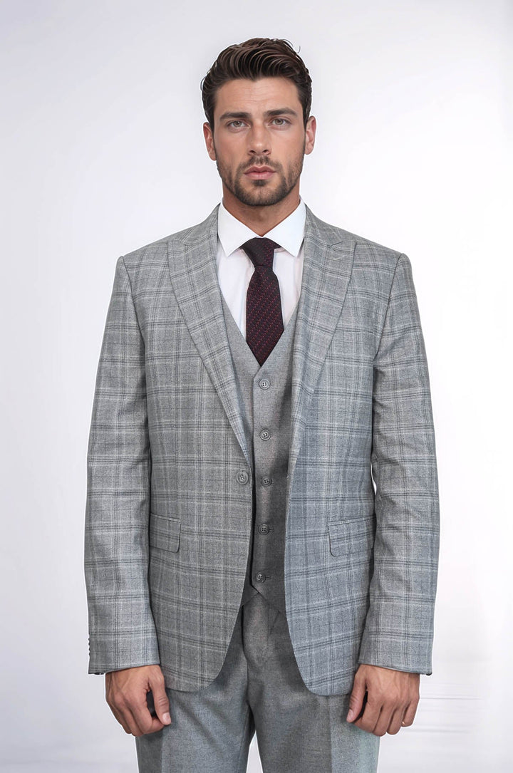 WSS Checked Slim Fit Light Grey Men Suit  - Imola