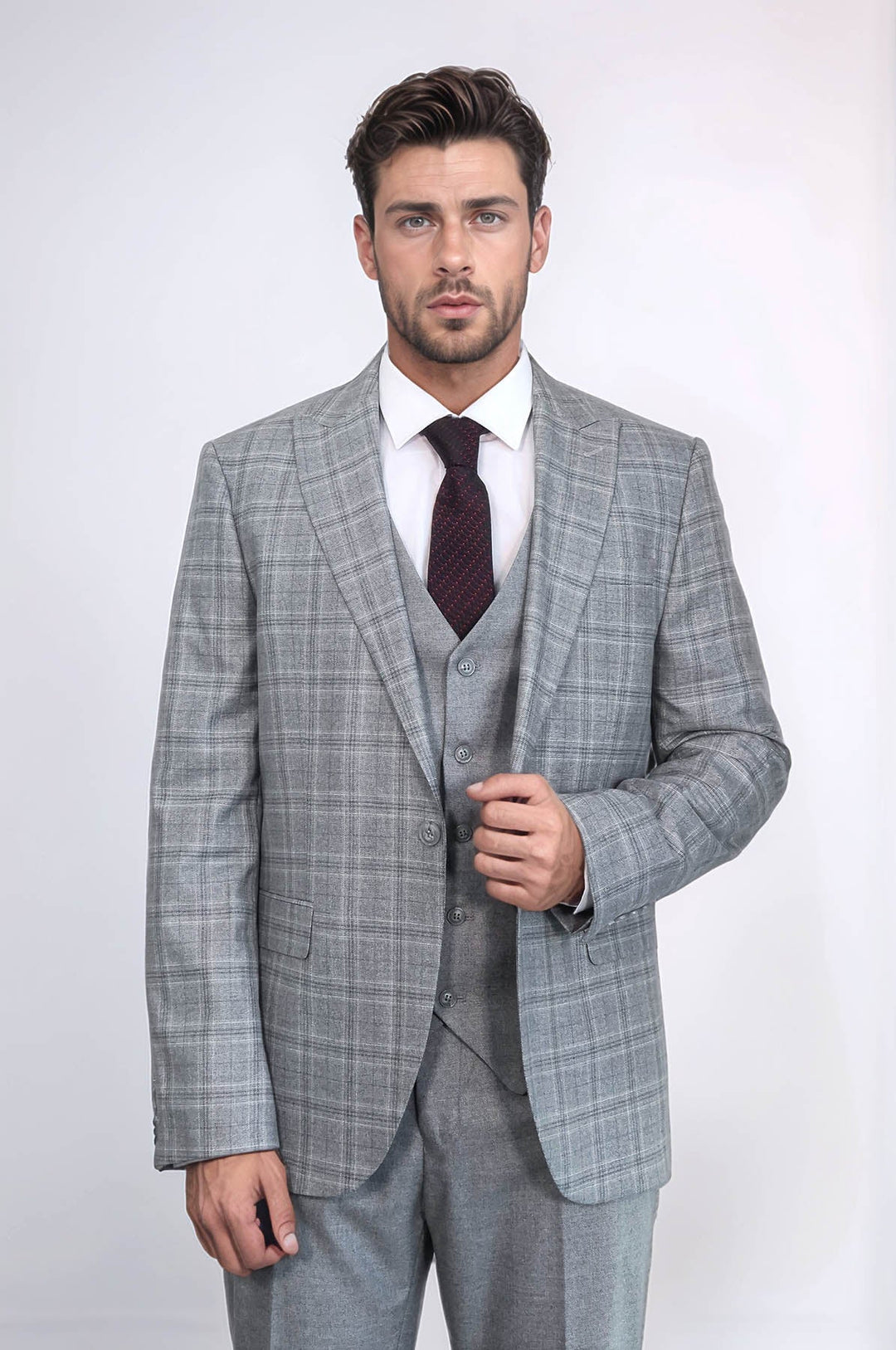 WSS Checked Slim Fit Light Grey Men Suit  - Imola