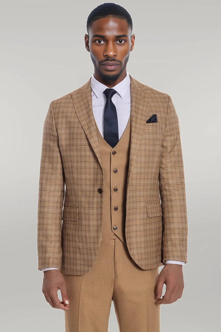 WSS Checked Slim Fit Tan Men Suit  - Singen