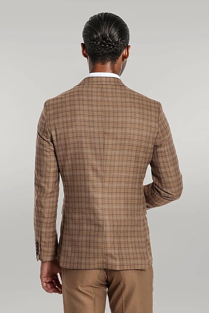 WSS Checked Slim Fit Tan Men Suit  - Singen