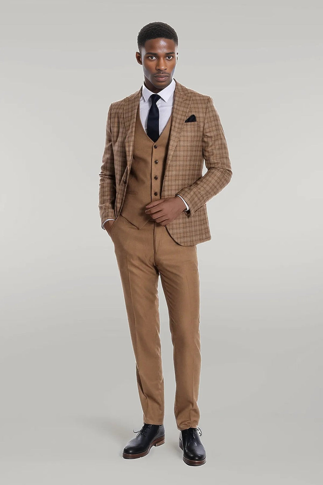 WSS Checked Slim Fit Tan Men Suit  - Singen