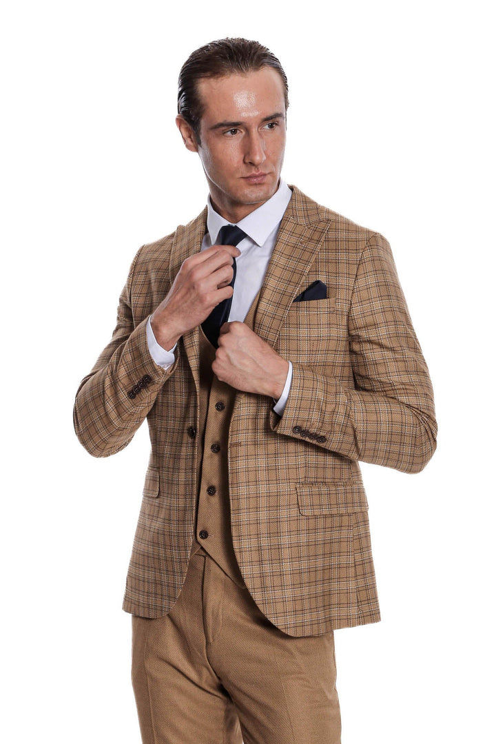 WSS Checked Slim Fit Tan Men Suit  - Mayagüez