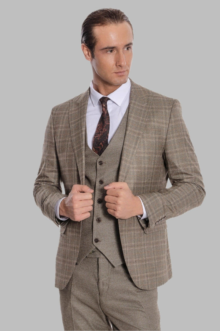 WSS Checked Slim Fit Brown Men Suit  - Rochester Hills