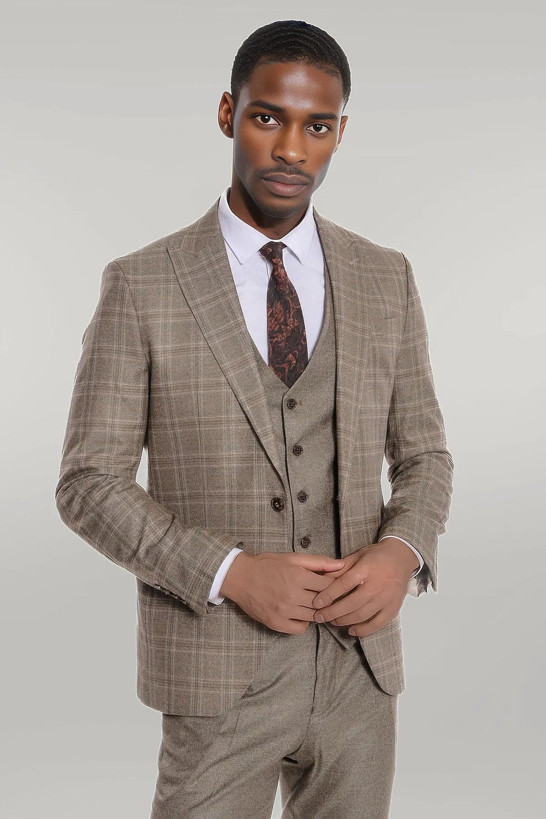 WSS Checked Slim Fit Brown Men Suit  - Singen