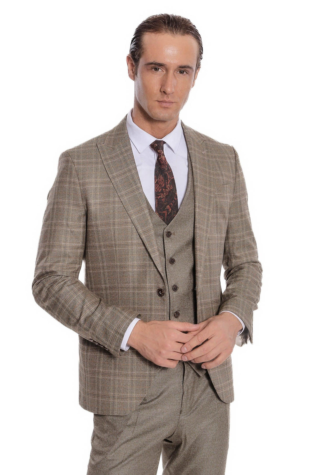 WSS Checked Slim Fit Brown Men Suit  - Rochester Hills