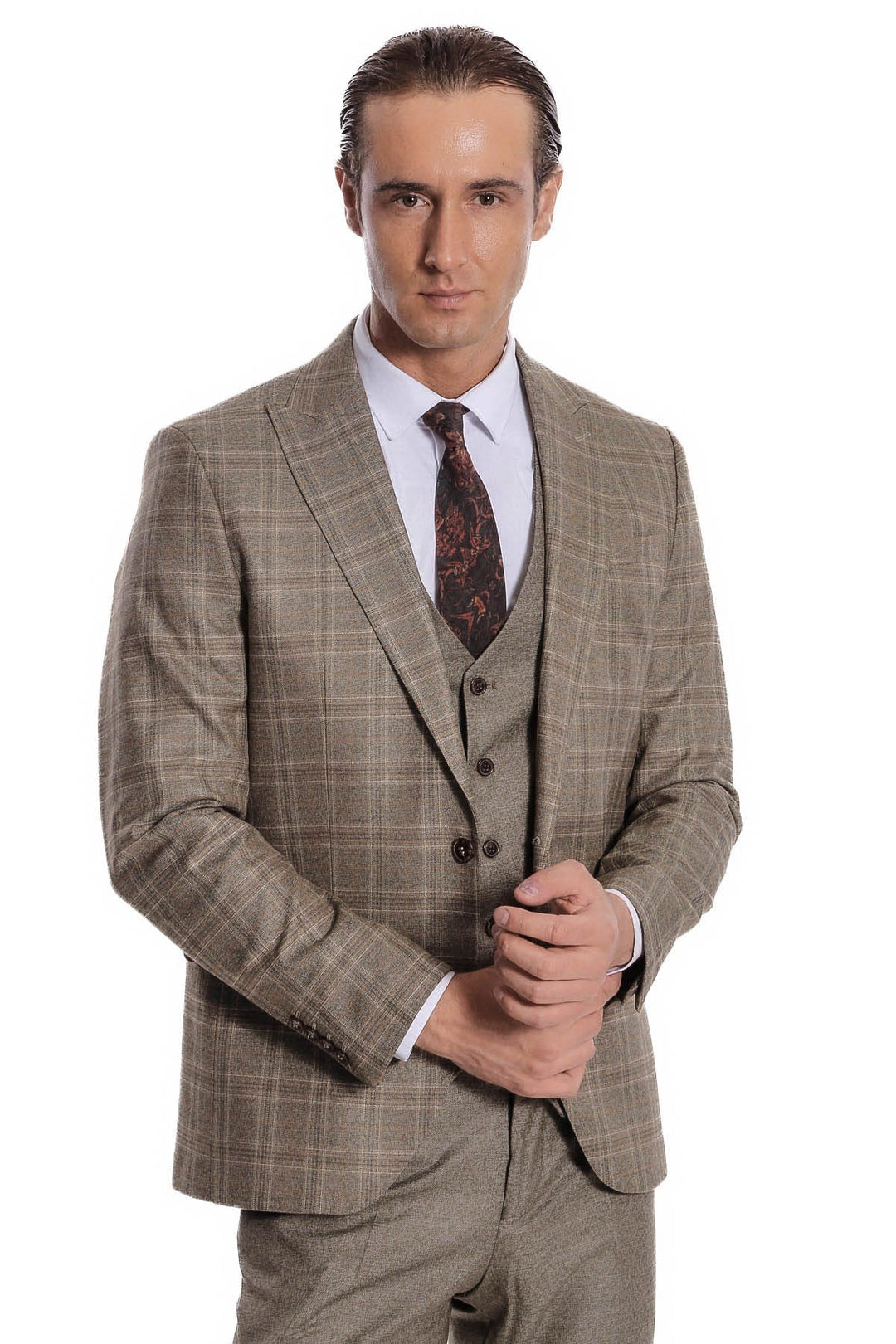 WSS Checked Slim Fit Brown Men Suit  - Rochester Hills