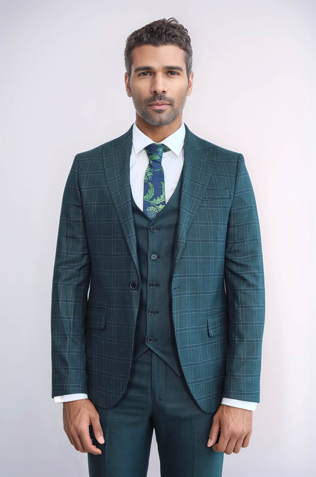 WSS Checked Slim Fit Green Men Suit  - Lake Havasu City