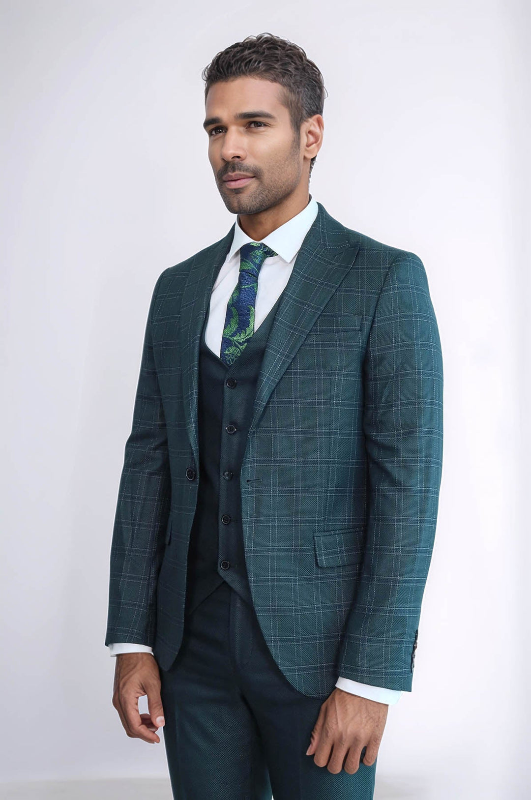 WSS Checked Slim Fit Green Men Suit  - Lake Havasu City