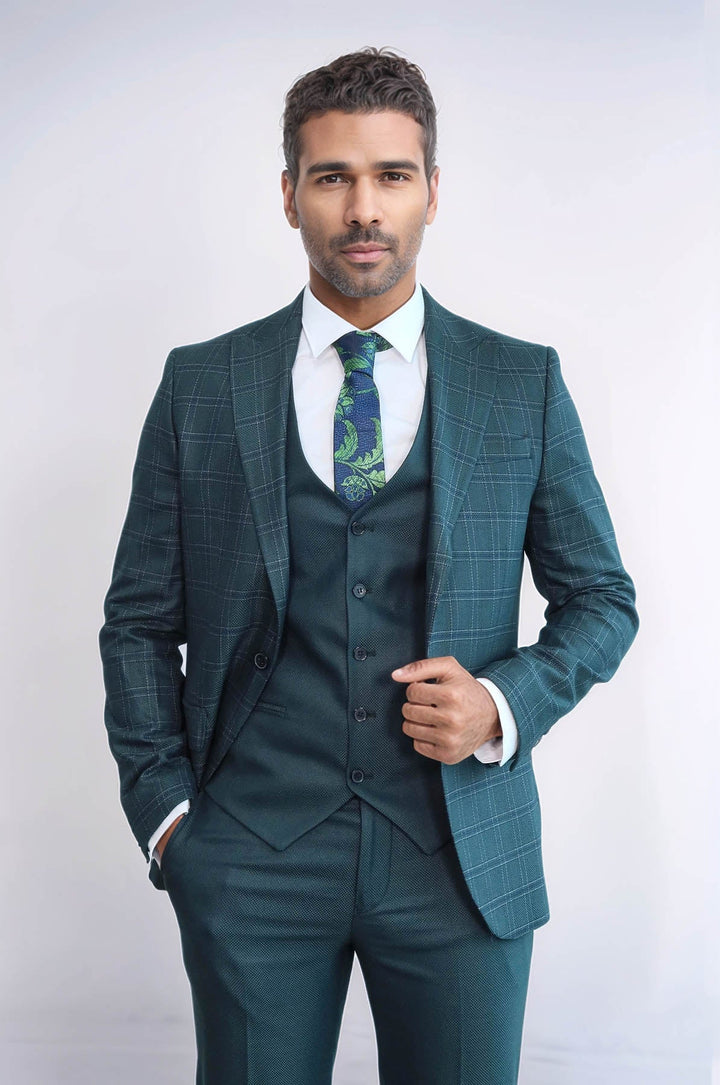 WSS Checked Slim Fit Green Men Suit  - Lake Havasu City