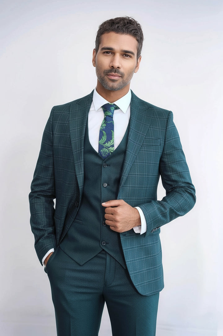 WSS Checked Slim Fit Green Men Suit  - Schenectady