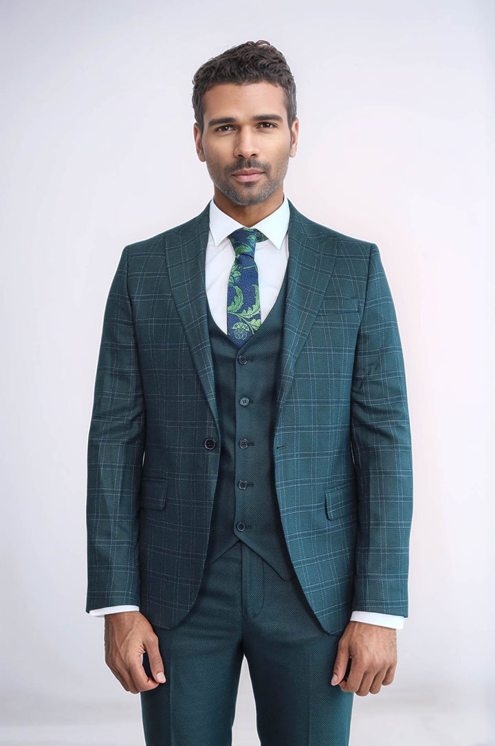 WSS Checked Slim Fit Green Men Suit  - Lake Havasu City