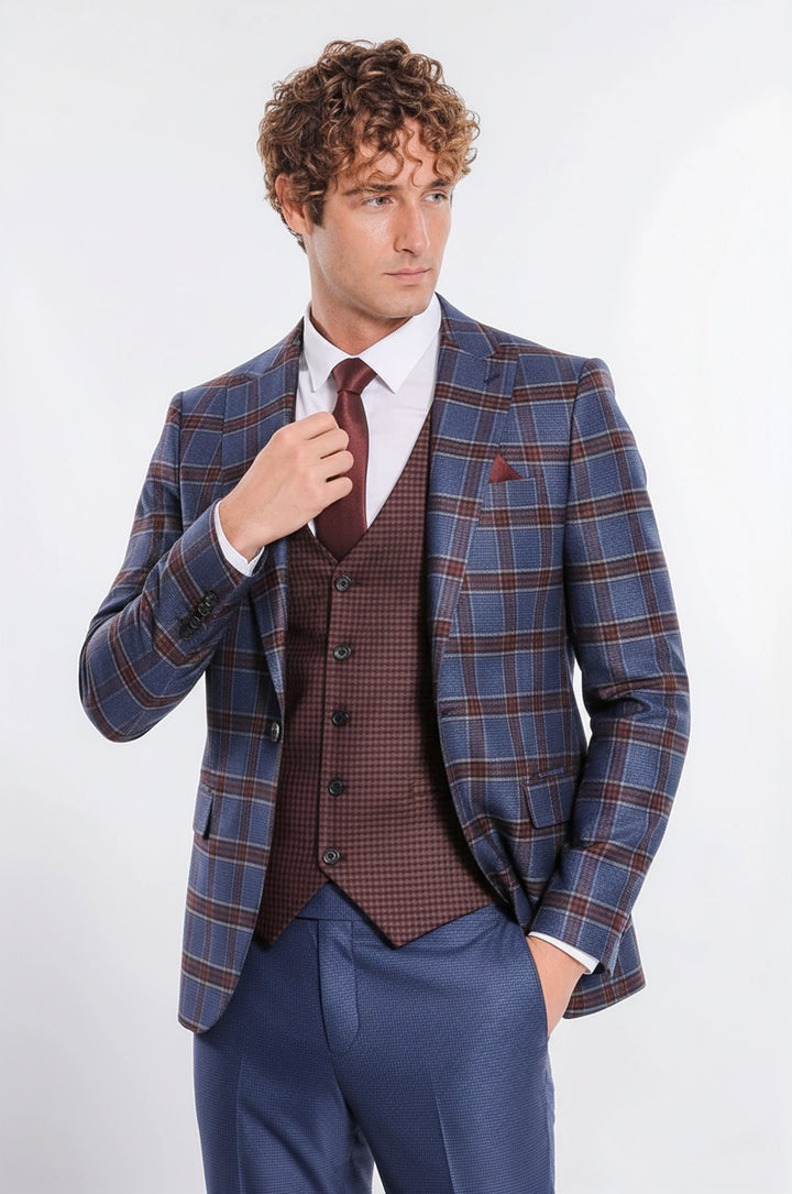 WSS Patterned Checked Slim Fit Blue Men Suit  - Fresnillo