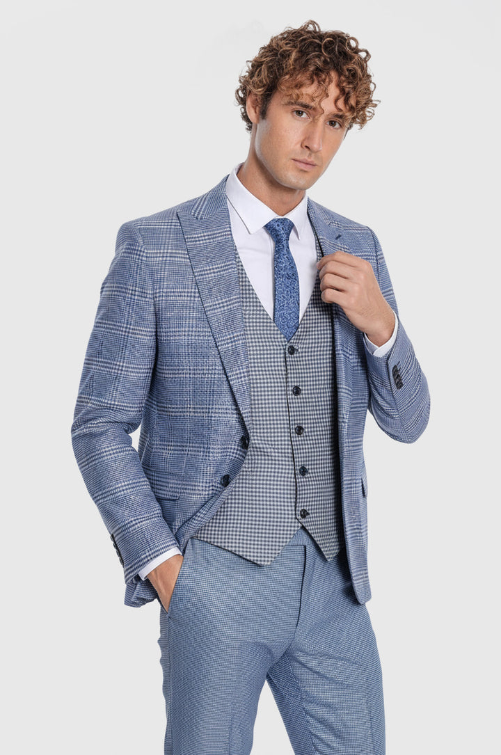 WSS Patterned Checked Slim Fit Blue Men Suit  - Grande Prairie