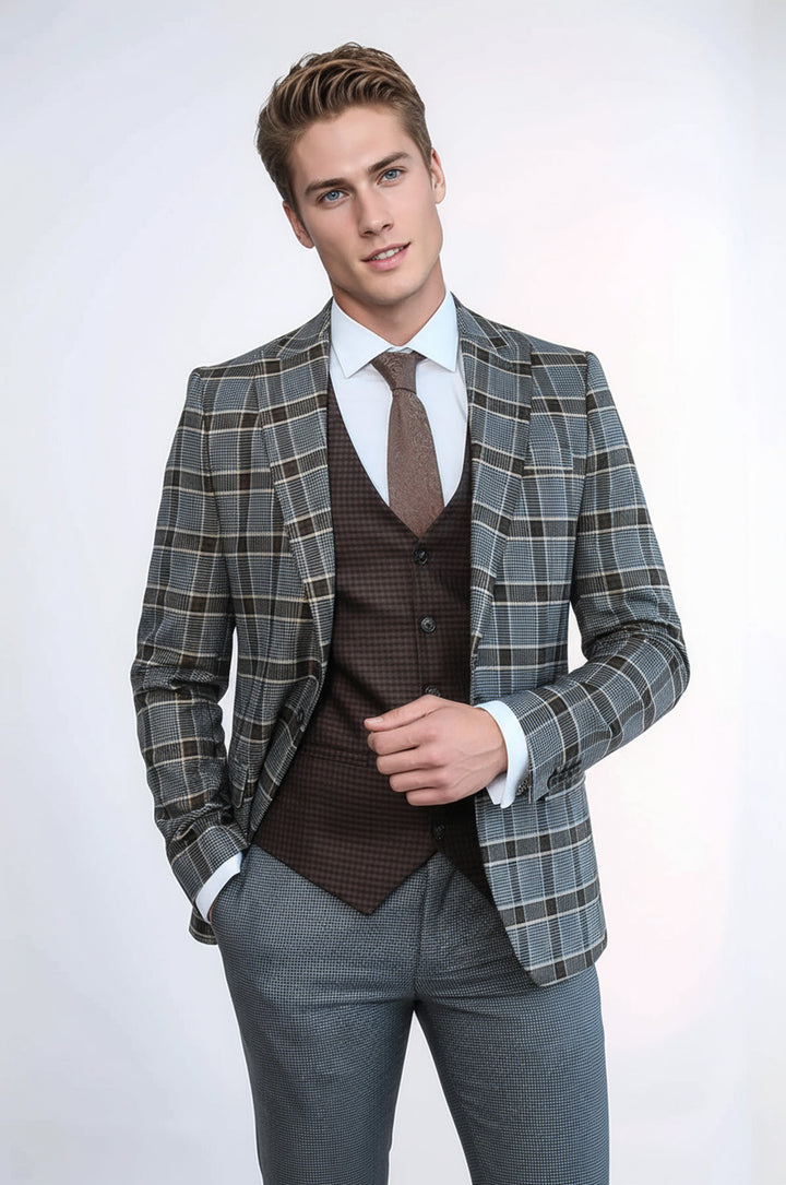 WSS Patterned Checked Slim Fit Anthracite Men Suit  - Winslow