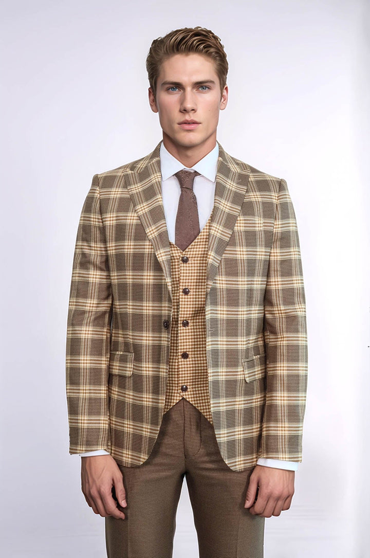 WSS Slim Fit Patterned Checked Light Brown Men Suit  - Ilioúpoli