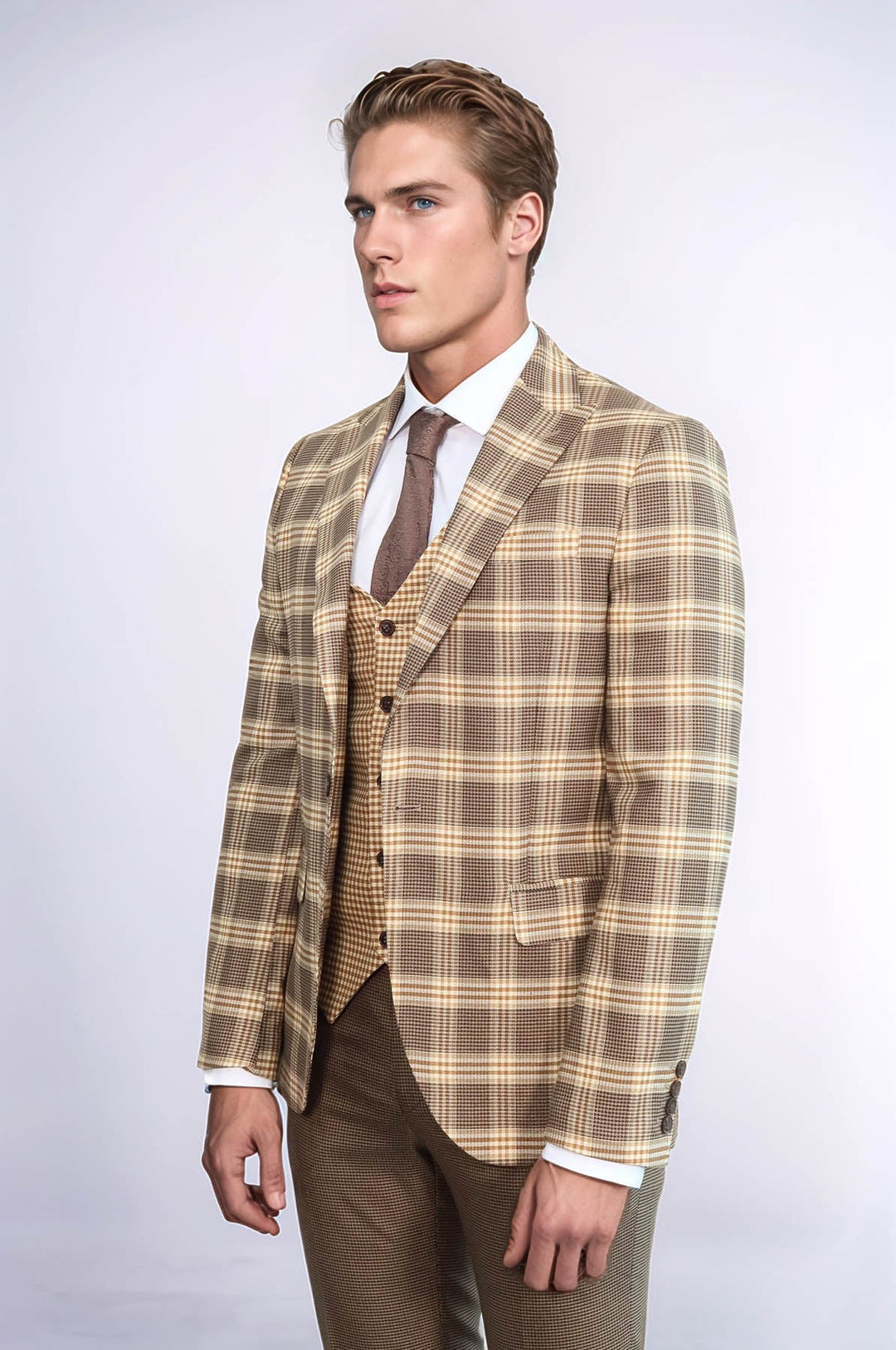 WSS Slim Fit Patterned Checked Light Brown Men Suit  - Ilioúpoli