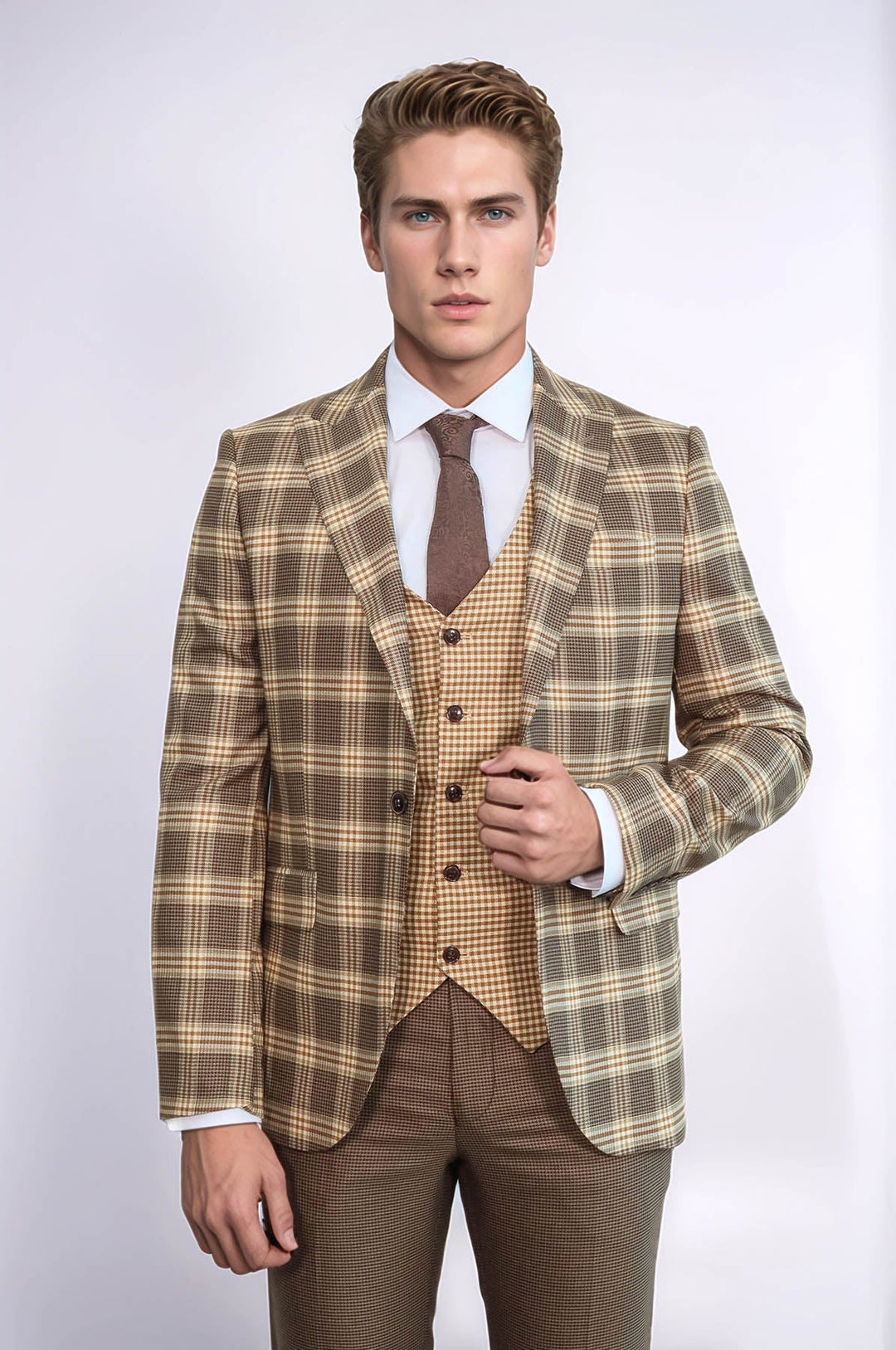 WSS Slim Fit Patterned Checked Light Brown Men Suit  - Ilioúpoli