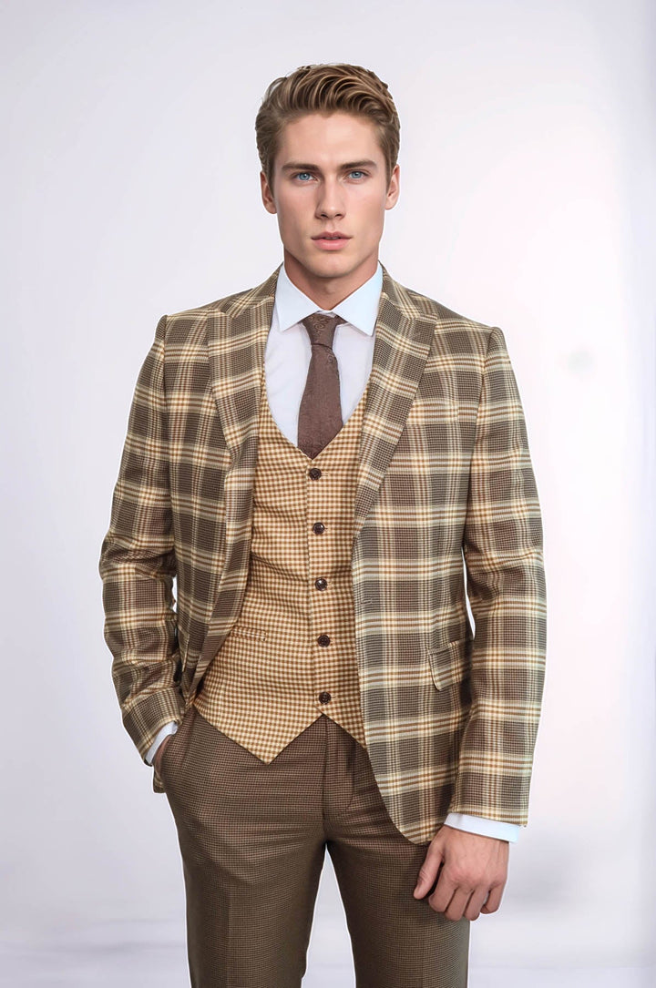WSS Slim Fit Patterned Checked Light Brown Men Suit  - Ilioúpoli