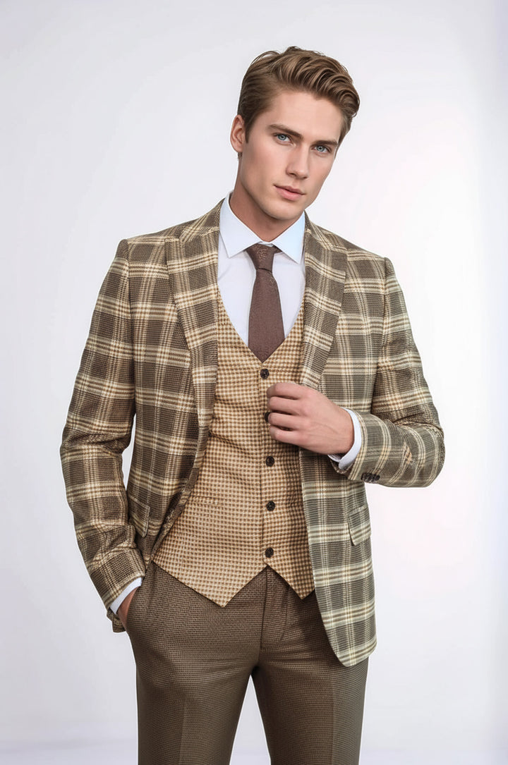 WSS Slim Fit Patterned Checked Light Brown Men Suit  - Brunswick