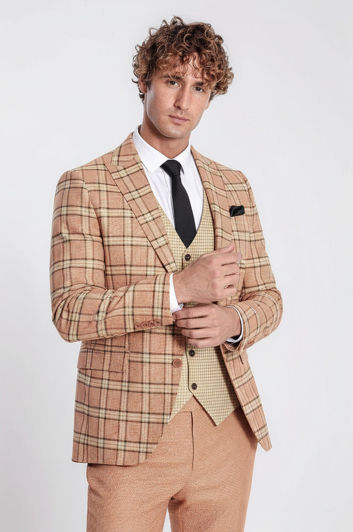 WSS Slim Fit Patterned Checked Orange Men Suit  - Laatzen