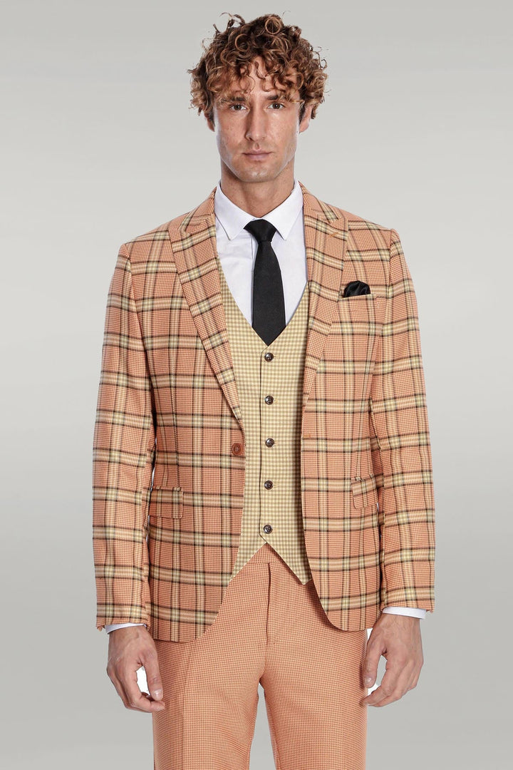 WSS Slim Fit Patterned Checked Orange Men Suit  - Singen