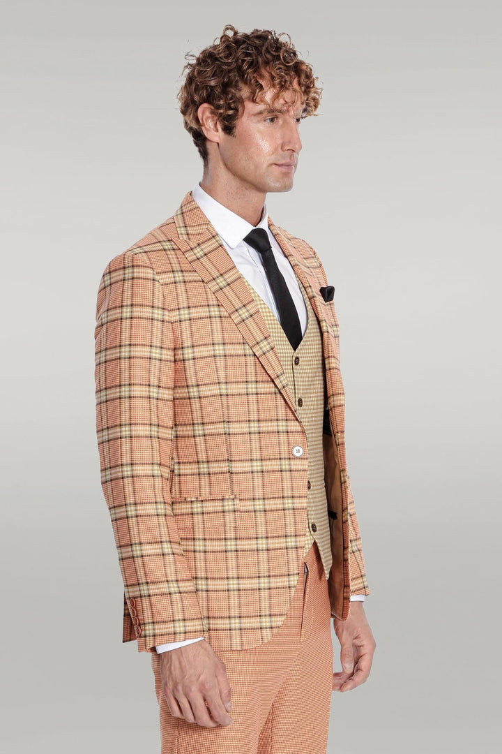 WSS Slim Fit Patterned Checked Orange Men Suit  - Singen
