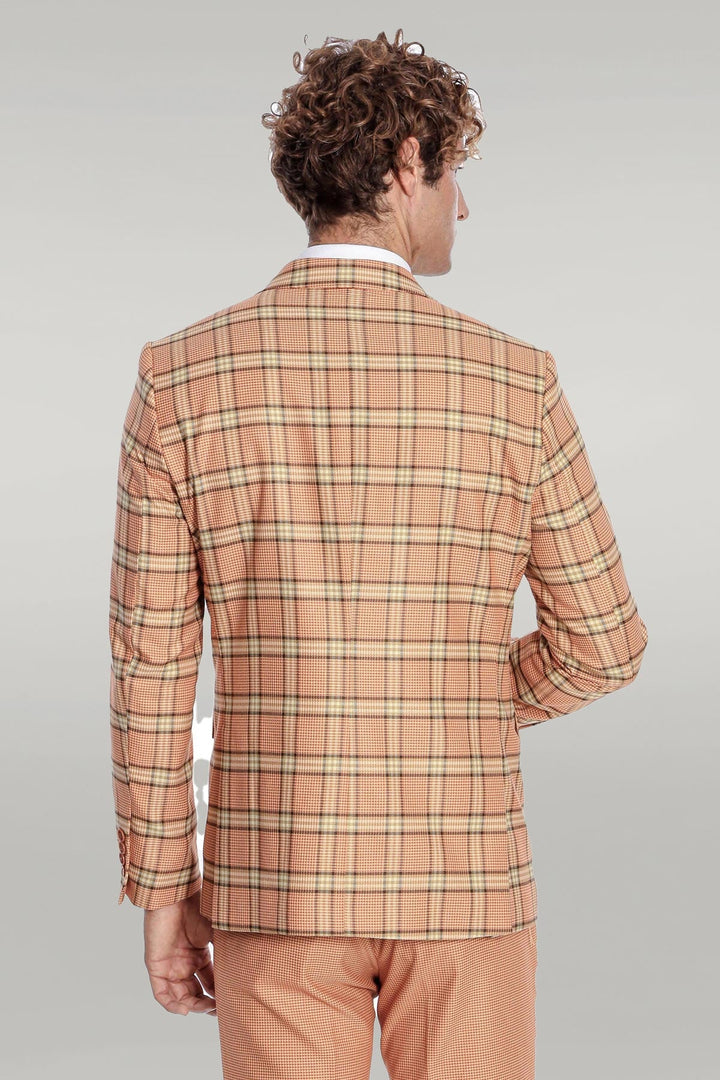 WSS Slim Fit Patterned Checked Orange Men Suit  - Singen