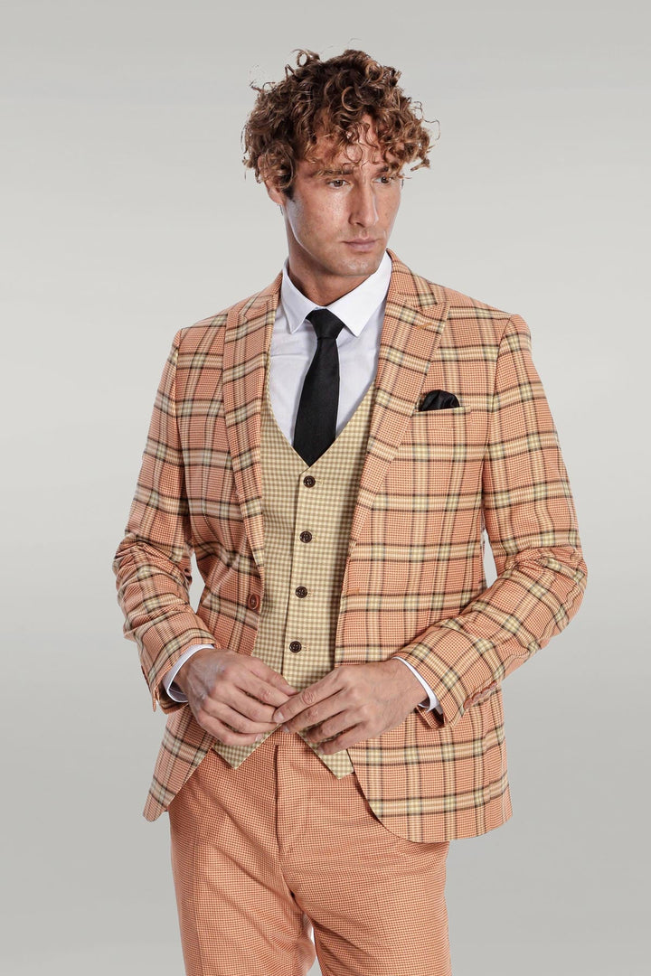WSS Slim Fit Patterned Checked Orange Men Suit  - Singen
